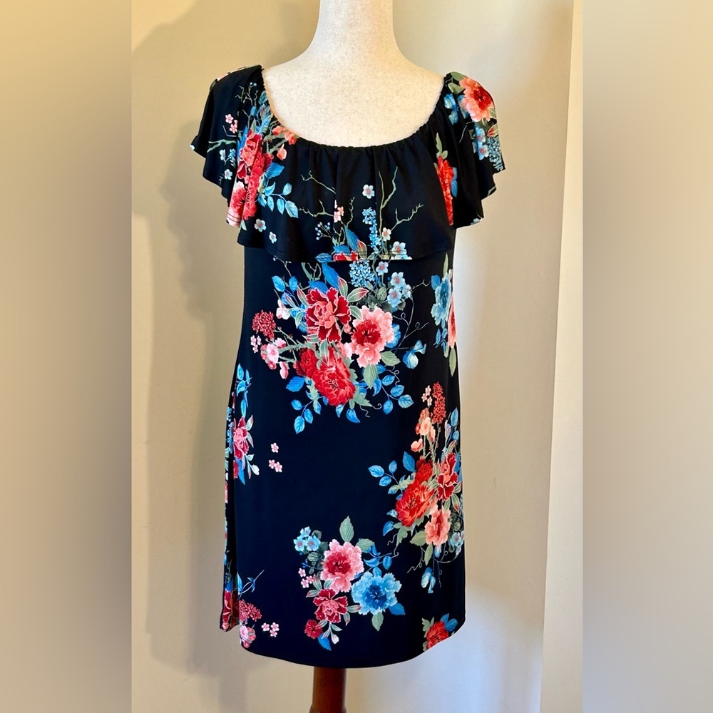 Renee C Black Floral Off-Shoulder Dress | Romantic Ruffle Neckline | Size M - Picture 2 of 7